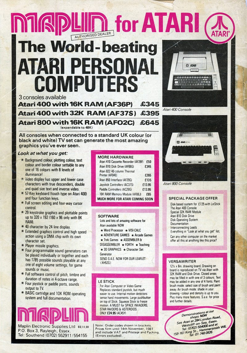 A vintage Maplin advertisement for Atari computers.