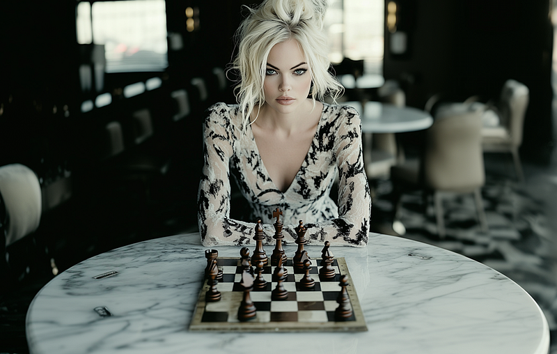 Glamorous woman playing chess