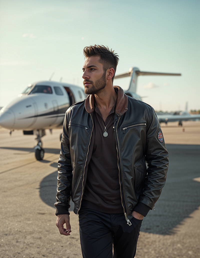 Man in leather jacket on tarmac