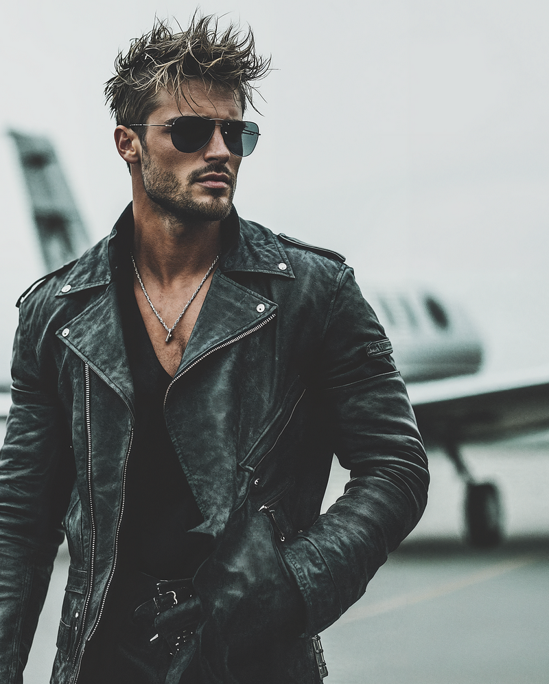 Man in leather jacket by private plane