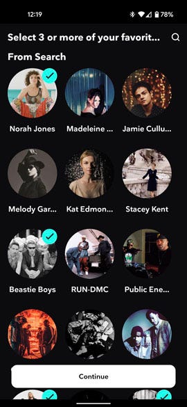 Artist selection interface in Tidal