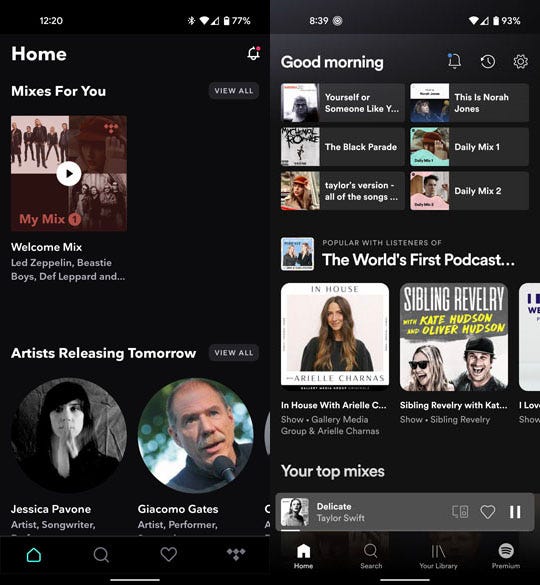 Home screen comparison between Tidal and Spotify