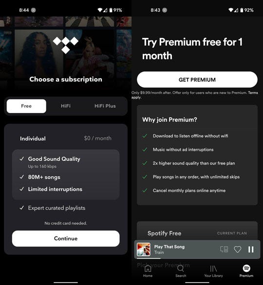 Comparison of paid plans for Spotify and Tidal