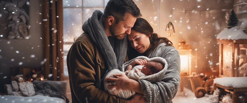 New parents with their newborn in winter attire