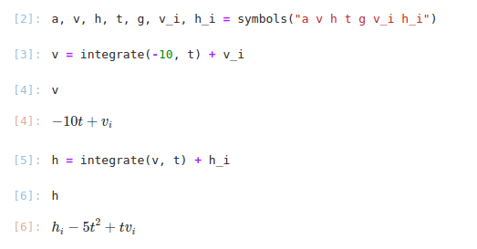 SymPy Live Shell output for velocity and displacement