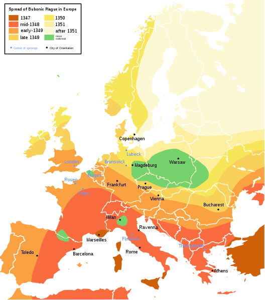 Map showing the spread of Black Death across Europe.