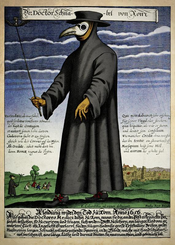 17th-century engraving of a plague doctor.