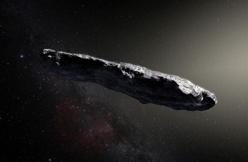 Artistic representation of Oumuamua in space