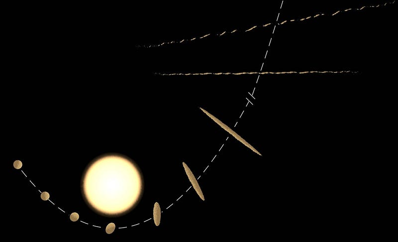 Illustration of tidal disruption process affecting Oumuamua