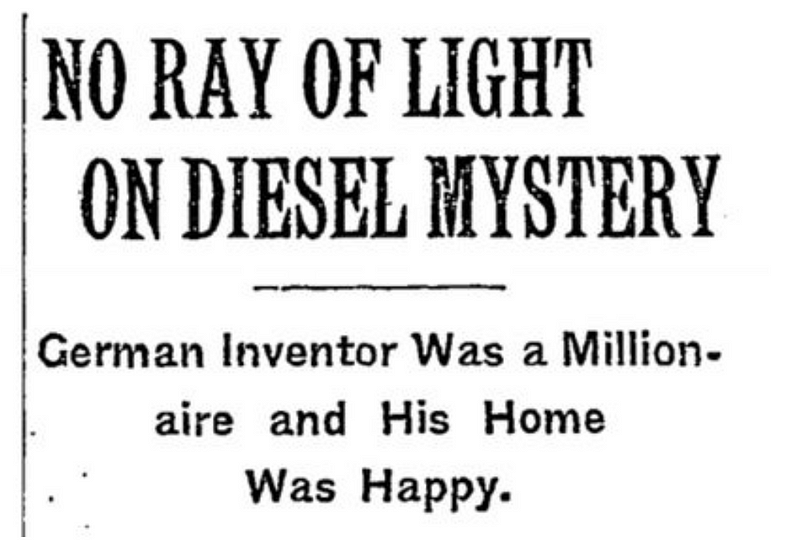 Historical newspaper headline regarding Diesel's disappearance.