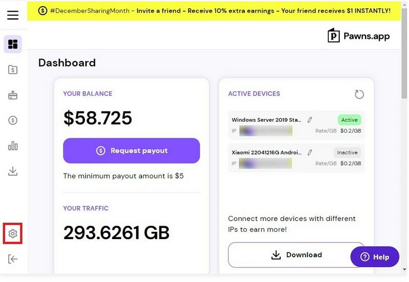 Dashboard of successful user on Pawns.app