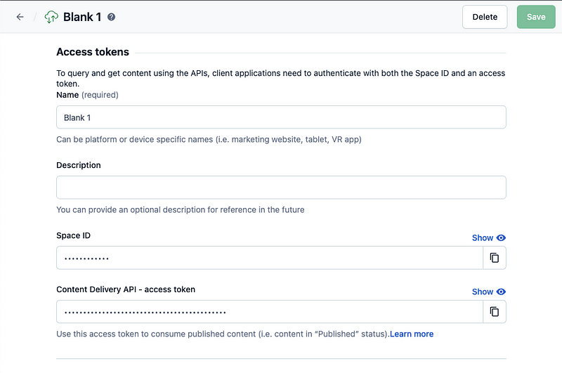 API keys setup in Contentful