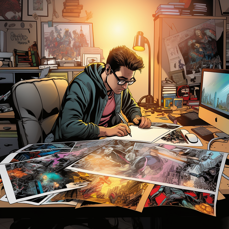 Artist passionately creating a comic book