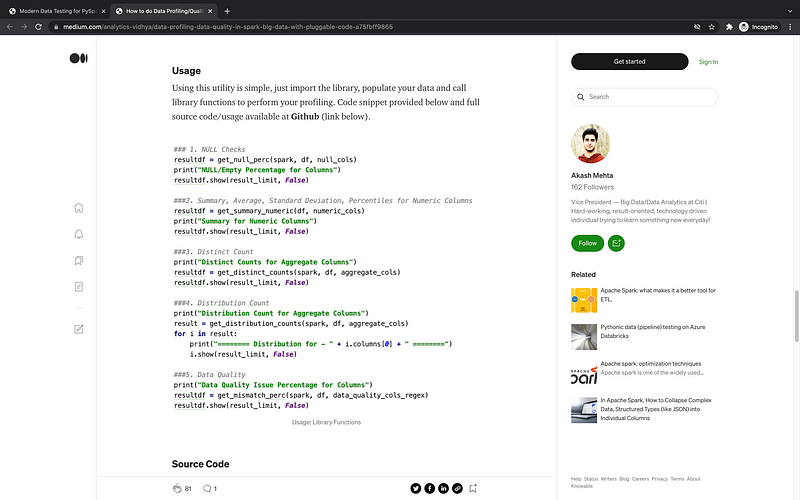 Data profiling steps screenshot from Akash Mehta