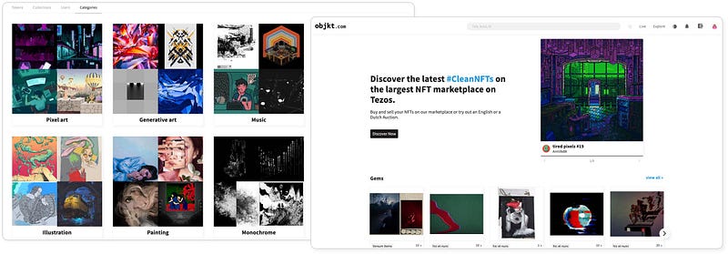 Objkt.com homepage showcasing NFTs