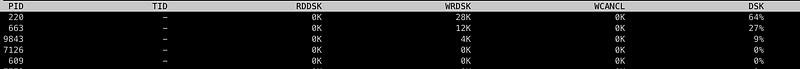 Breakdown of disk usage by process ID in atop