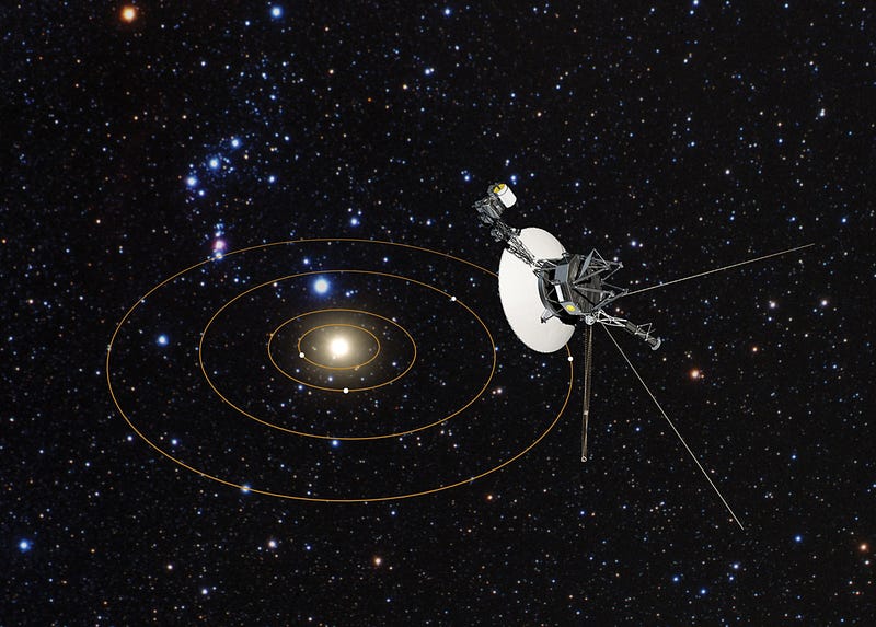 Voyager spacecraft exploring the outer regions of the Solar System.